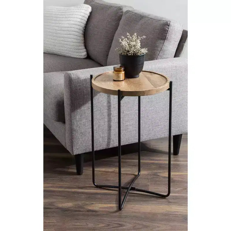 Round Wood Top Metal Frame Side Table, 16x16x25, Brown