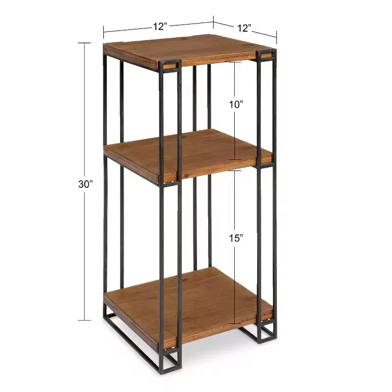 Square Wood and Metal 3-Tier End Table, 12x12x30, Brown