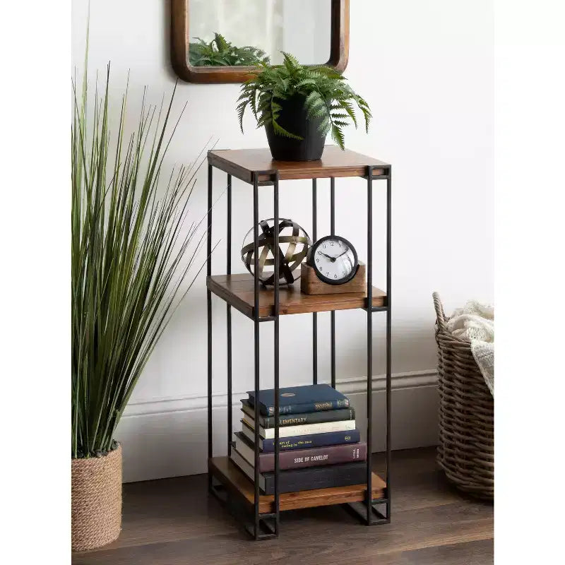 Square Wood and Metal 3-Tier End Table, 12x12x30, Brown