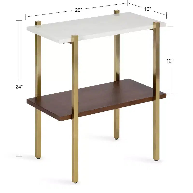 Midcentury Modern Two-Tier Side Table with Marble Top, 20x12x24, White
