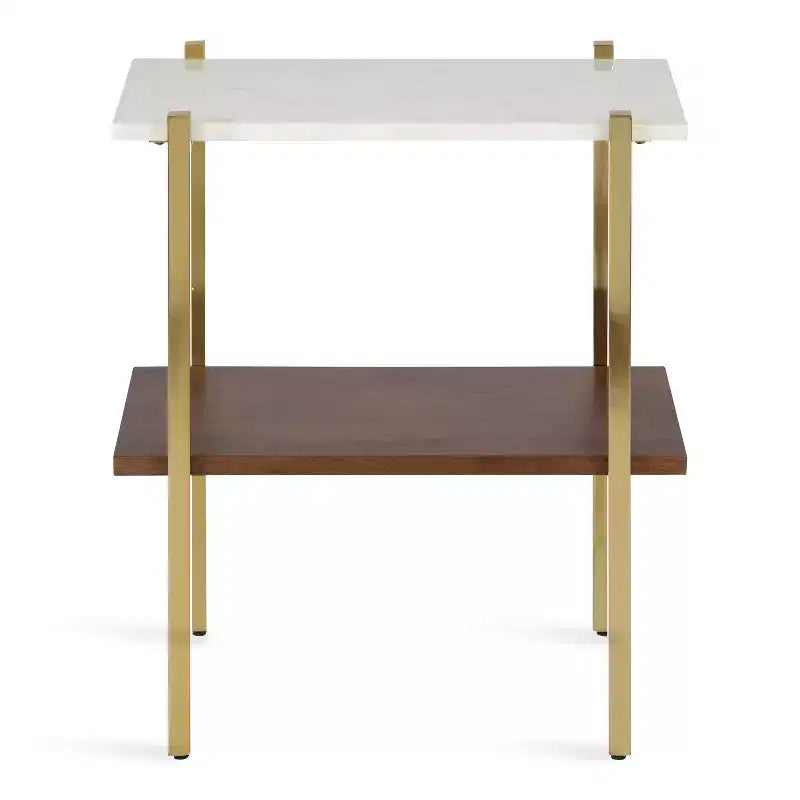 Midcentury Modern Two-Tier Side Table with Marble Top, 20x12x24, White