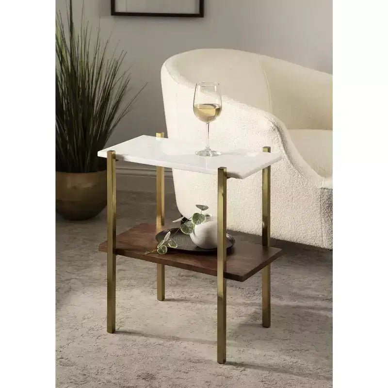 Midcentury Modern Two-Tier Side Table with Marble Top, 20x12x24, White