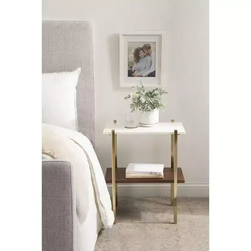 Midcentury Modern Two-Tier Side Table with Marble Top, 20x12x24, White